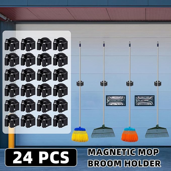 Vercraft 24 Pcs Magnetic Mop Broom Holder Movable Magnetic Broom Holder Rack, Anti Slip Wall Mounted Utility for Cleaning Tools, Garage, Kitchen, Laundry, Garden (Black)