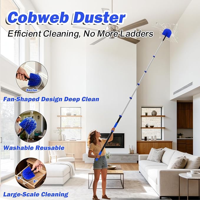 30T Reach Duster Kits, Window Cleaning kit with 5-24FT Telescoping Extension Pole, Cobweb Duster, Washable Fan Duster for Ceiling, Window Squeegee for Glass and Microfiber Feather Duster