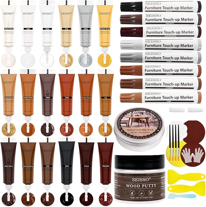 Wood Furniture Repair Kit, 40 Sets-18 Colors Wood Filler Putty and 8 Furniture Touch Up Markers, Vinyl Floor Repair Kit for Scratches Holes, Hardwood Floor Door, Cabinet Table, Bedposts