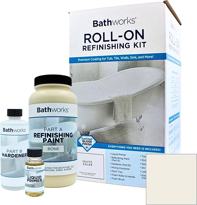 Bathworks Roll-On Refinishing Kit - 22 fl oz, High Gloss Bone, Professional-Grade DIY Coating with Tools Included - Durable Non-Yellowing Finish for Bathtubs, Tile, Sinks & Showers