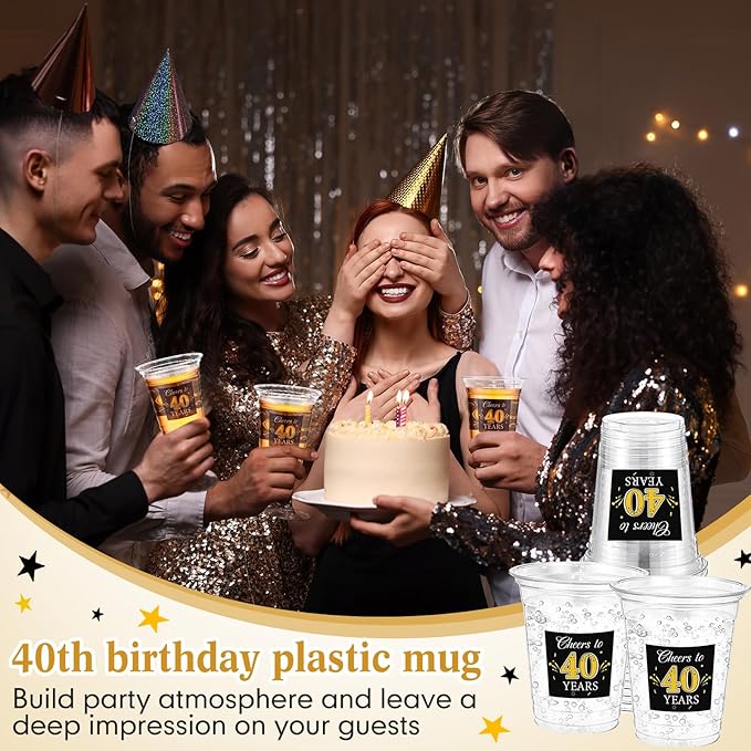 Funnymoom 100 Pack 40th Birthday Cup 12 oz Cheers to 40 Years Happy Birthday Disposable Clear Plastic Cups for Him Men Women Wedding Anniversary Decorations Party Favors