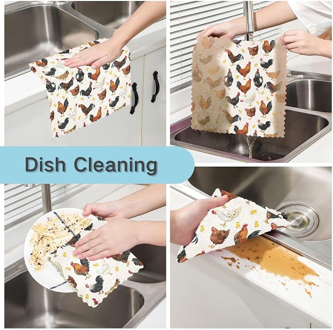 JIPONI 6 Pack Kitchen Dishcloth, Cute Chicken Rooster Pattern Absorbent Dish Towels Reusable Soft Cleaning Cloths 11 x 11 inch