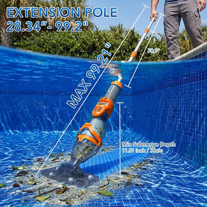 (2026 Upgraded) COWSAR Cordless Pool Vacuum, 19.5 GPM/50kPa Dual Modes Powerful Suction, 13.4" Wider Head & 70.9" Telescopic Pole, 1H Runtime