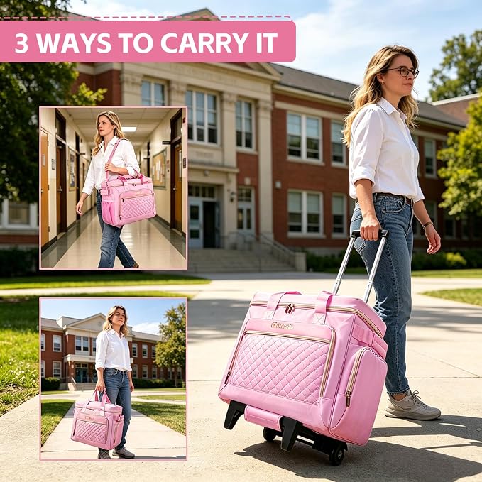 Rolling Teacher Bag with Detachable Cart - 1680D Waterproof Oxford Rolling Cart for Teachers, Large Capacity Tote with Wheels Fits 15.6" Laptop & Tablet(PINK)