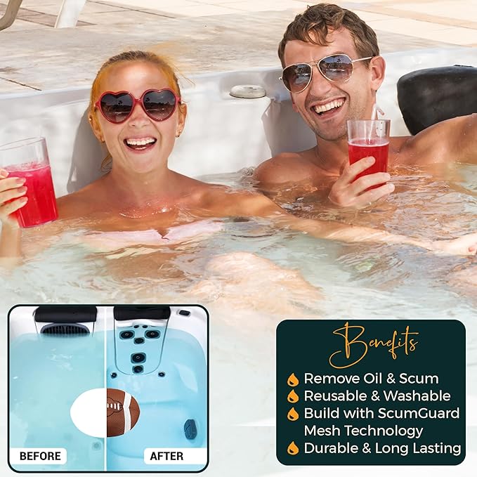 Football Hot Tub Scum Absorber 2 Pack with Pool Net Skimmer – Floating Spa Hot Tub Scum Sponge for Oils & Surface Debris, Reusable Scum Sponge for Hot Tub, Complete Hot Tub Accessories Set