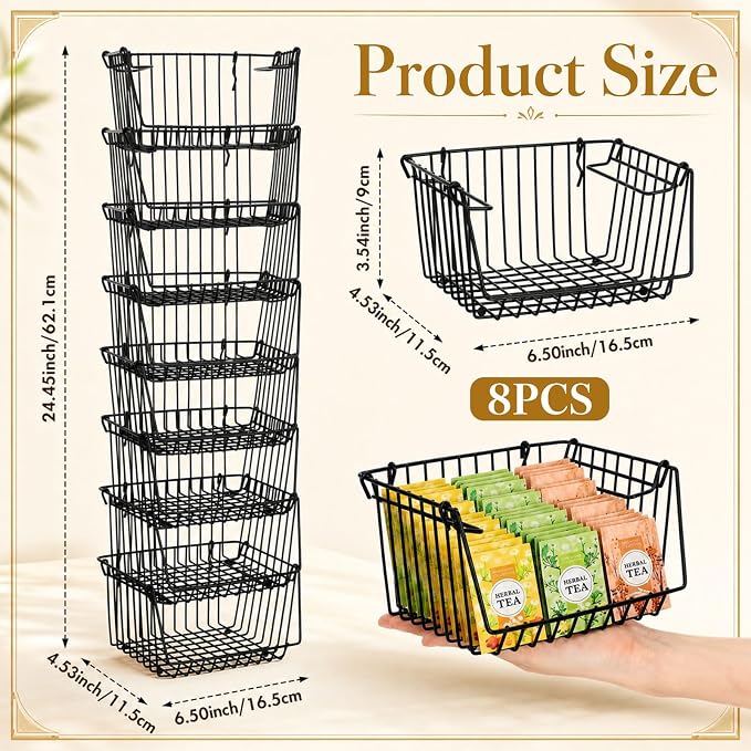 8 Pack Small Stackable Metal Wire Storage Baskets with Handles Bulk 6.5" L x 5.1" W x 3.5" H Mini Black Metal Wire Pantry Storage Bins for Countertop, Cleaning Supplies, Sauce, Toiletries