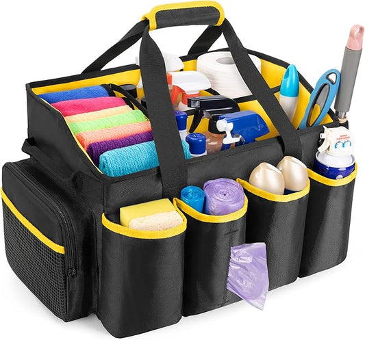 PGmoon Extra-Large Cleaning Caddy Organizer with Handle, Cleaning Supplies Tote Bag Built-in Support Boards, Cleaning Tool Organizer for Cleaners, Housekeepers, Kitchen Cleaning Supplies