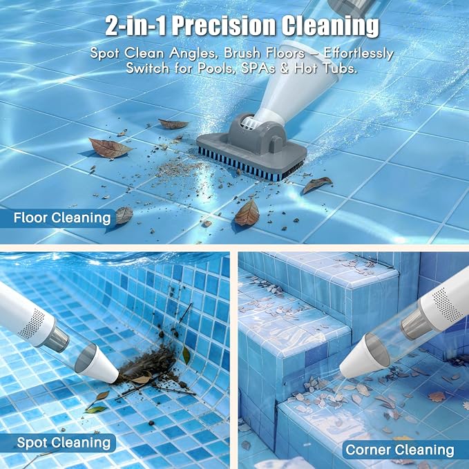 Cordless Pool Vacuum, Handheld Rechargeable Pool Cleaner, Powerful Suction, Extendable Pole, 90 Min Runtime for Above-Ground & Inground Pool, Spa, Hot tub