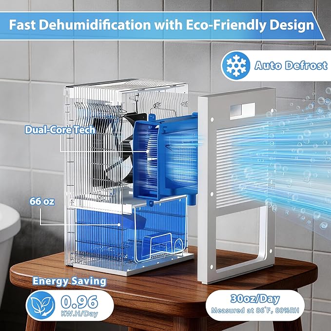 Small Dehumidifier with Drain Hose for Home | 66 OZ Water Tank, Quiet Sleep Mode, 3/6/9/12H Timer, Auto Shut-Off, Portable Mini Dehumidifiers For Bedroom Up to 650sq ft