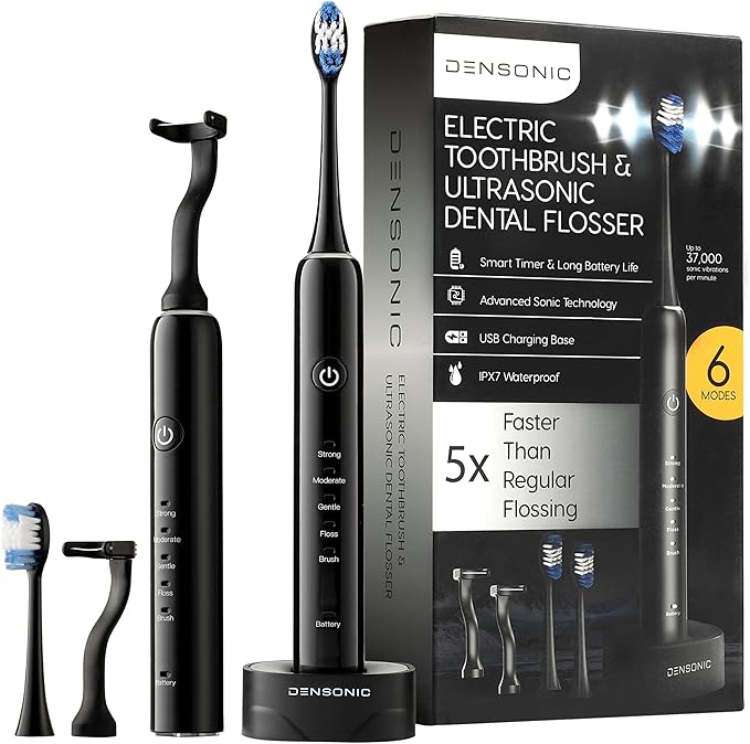 Electric Toothbrush and Flosser Combo | 2-in-1 Sonic Cleaning & No-Mess Mechanical Floss | 5X Faster Deep Clean | 6 Modes | 2 Toothbrush Heads + 50 Replacement Floss Heads [Black]