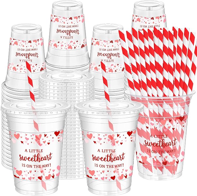 Qinyoung 50 Sets Valentine Heart Baby Shower Cups 16 oz Sweetheart Baby Shower Favors Red Heart Cups with Lid and Straw Disposable A Little Sweetheart Is on The Way Supplies for Birthday