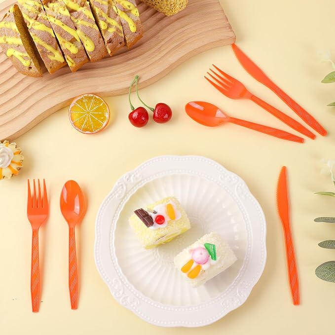 Kochorie 90 Pieces Thanksgiving Plastic Cutlery Set Disposable Orange Plastic Utensils Heavy Duty Flatware Set Includes 30 Knives 30 Forks 30 Spoons for Thanksgiving Party Wedding Birthday
