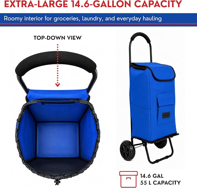 Shopping Cart, Super Loading Grocery Trolley, 220 lbs Capacity, Foldable Cart with Extra Large 55L Shopping Bag Portable Grocery Utility Cart with Adjustable Bungee Cord (Blue)