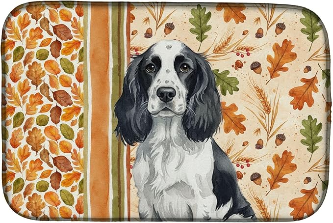 Caroline's Treasures Black and White English Springer Spaniel Heirloom Fall Dish Drying Mat Absorbent Dish Drying Mat Pad for Kitchen Counter Dish Drainer Mat for Countertop, 14 x 21", Multicolor