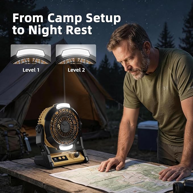 Antarctic Star Portable Camping Fan for Tent, 10000mAh Battery Operated Fan with Night Light, Stepless Speed USB Desk Fan, Quiet Personal Portable Fan with 8H Timer, Hanging Hook for Outdoor, Yellow