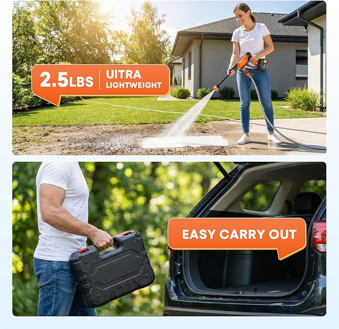 Cordless Portable Washer, Brushless 4000mAh Battery Operated Washer, Handheld Car Washer with 6-in-1 Nozzle Battery Charger,Lightweight Washer Cleaning Tool with Foam Pot for Patio Boat Fence