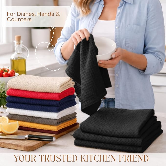 Black Waffle Kitchen Dish Towels 100% Cotton, Soft, Absorbent, Quick Drying, Multipurpose Use, Bar & Tea Towels, 16x26 Inches, Durable, Machine Washable, Reusable, Set of 12