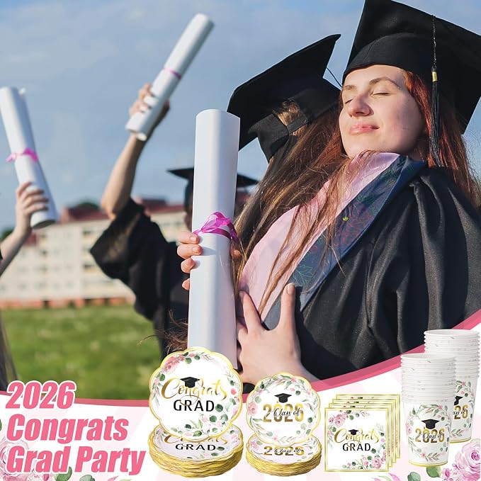 Pickmesh 250 Pcs Class of 2026 Graduation Party Supplies for 50, Pink and Gold Floral Congrats Grad Paper Plates Napkins Cups Disposable Graduation Party Tableware Set for Grad Table Decoration