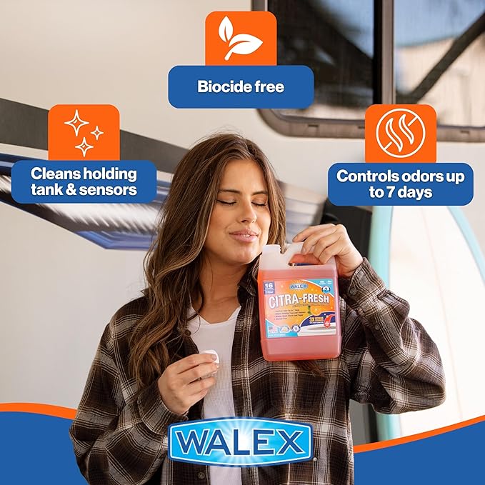 Walex Citra-Fresh Liquid Holding Tank Treatment for RV, Camper & Marine - Black Water Tank Deodorizer for Rapid Breakdown of Waste & Toilet Paper, Biocide-Free, Septic Tank Safe, 64oz