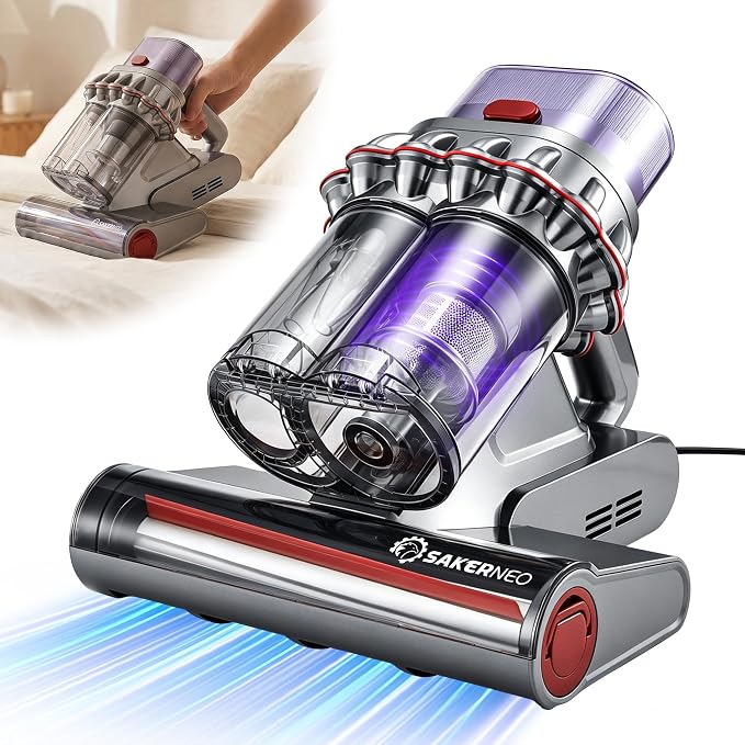 SAKERNEO Powerful Bed Vacuum Cleaner with Digital Display, 5-Cyclone Filtration, 14kPa Strong Suction, HEPA Filter, Handheld Vacuum for Mattress, Carpet, Sofa and Pet Hair