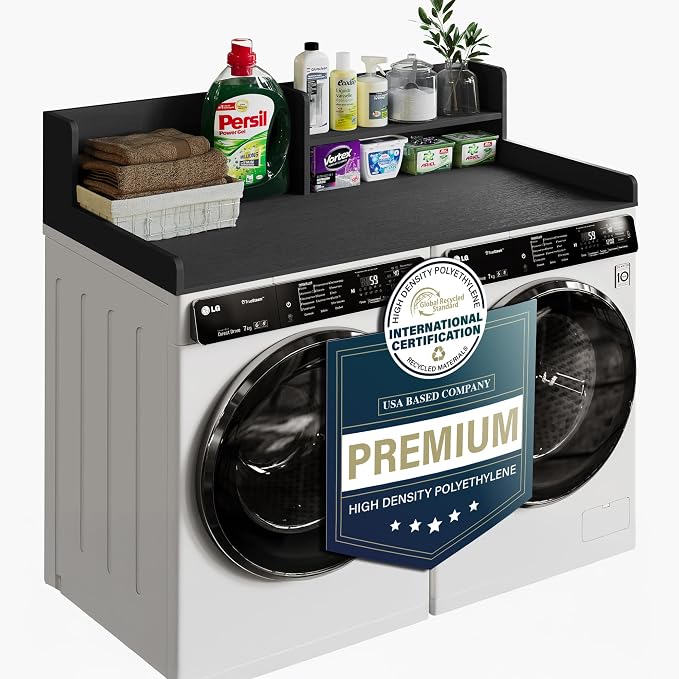 Premium Waterproof HDPE Washer Dryer Countertop with Shelf 54"x27.5" | Durable washer dryer topper for organization, folding clothes, sorting and storage
