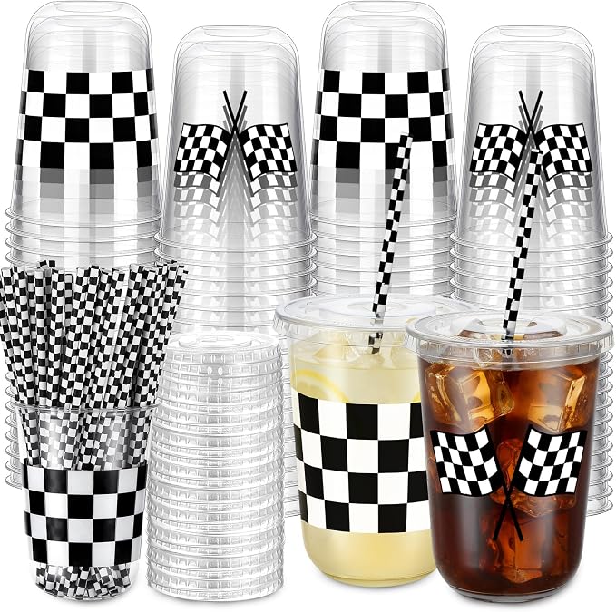LemonRoad 100sets 16oz Checkered Flag Cups Race Car Birthday Party Decorations Supplies Plastic Cups Disposable with Lids and Straws for Racing Party Christmas Birthday Wedding Baby Shower Decoration