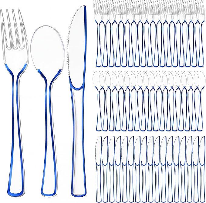 Minatee 150 Pcs Blue Plastic Silverware, Clear Disposable Cutlery Set Heavy Duty Utensil Sets 50 Forks 50 Knives 50 Spoons for Birthday Party Home Office School Picnics Restaurant Outdoor Events