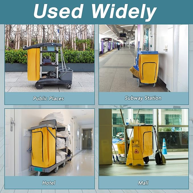 Meanplan 2 Pack Cleaning Cart Bag Zippered Front Replacement Janitorial Cart Thick Bag Large Capacity Commercial Cleaning Bags for Housekeeping Carts, Yellow (33 x 16.8 x 10.5 Inch)