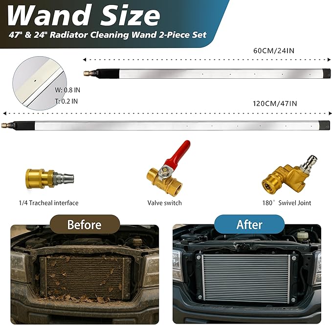 Radiator Cleaning Wand Set 47” & 24” – Ultra Slim Radiator Cleaning Tool Kit with 1/4" Quick Connect, Stainless Steel Radiator Washer Wand for Car Truck Tractor AC Condenser