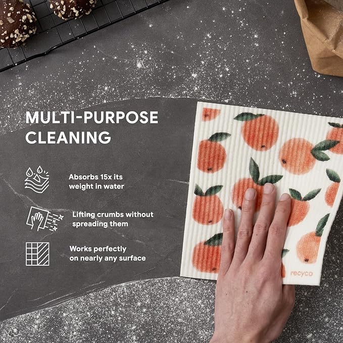 RECYCO Swedish Dishcloths 5 Pack 8" x 7" & Waffle Kitchen Towel Set of 2 16" x 28", Peachy Leaves,