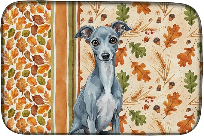 Caroline's Treasures Blue Italian Greyhound Heirloom Fall Dish Drying Mat Absorbent Dish Drying Mat Pad for Kitchen Counter Dish Drainer Mat for Countertop, 14 x 21", Multicolor