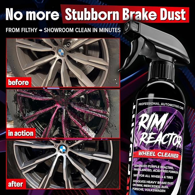 Carfidant Rim Reactor Wheel and Rim Cleaner Spray - Removes Brake Dust & Grime - Safe for BMW, Mercedes, Audi, VW & Porsche - No Scrub, pH Neutral, Non-Acidic Tire Cleaner - 32 fl oz