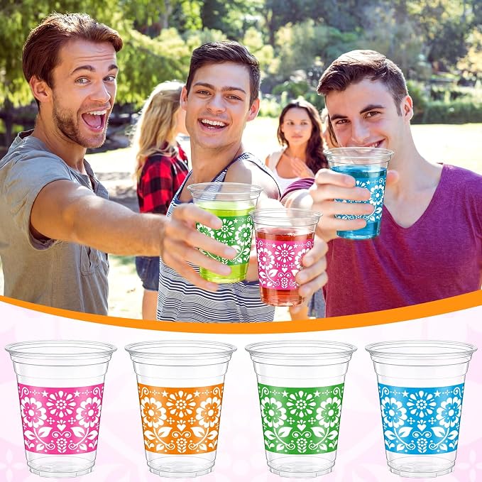 Tanlade 60 Pcs Fiesta Plastic Cups 12 oz Mexican Disposable Party Cups Cinco De Mayo Margarita Drinkware for Mexican Theme Birthday Taco Bar Birthday Wedding Party Supplies Decorations