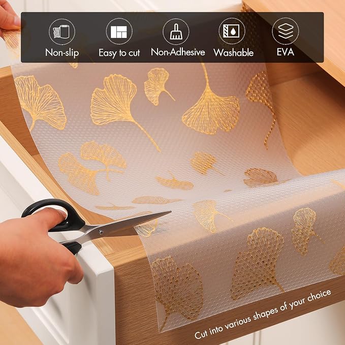 Cooyes Shelf Liner, Non Adhesive Drawer and Cabinet Liner, EVA Washable Oil-Proof Shelf Paper for Kitchen Cabinets, Refrigerator, Storage, Desks with Modern Pattern （Gold Ginkgo，23.6" W x 360" L）