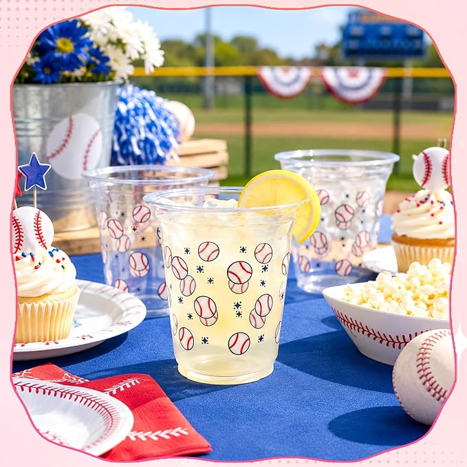 100 Pack 12 oz Baseball Cups, Baseball Party Decorations, Disposable Clear Plastic Baseball Cup, Baseball Themed Party Supplies for Birthday Sports Team Events Holiday Gatherings