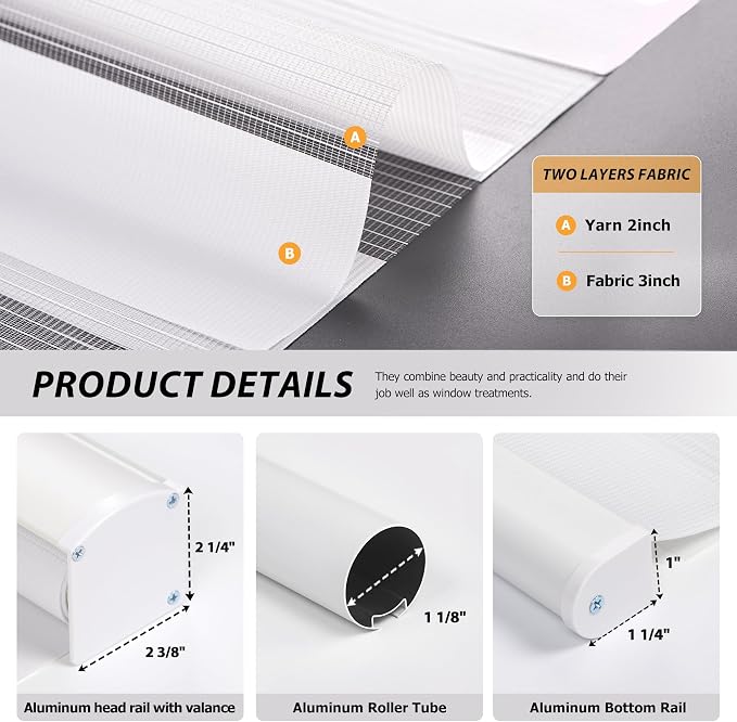 LazBlinds Cordless Zebra Blinds for Windows 23"x64", White | Free-Stop Roller Windows Shades with Cassette, Light Filtering Dual Layer Sheer Shades for Home and Office