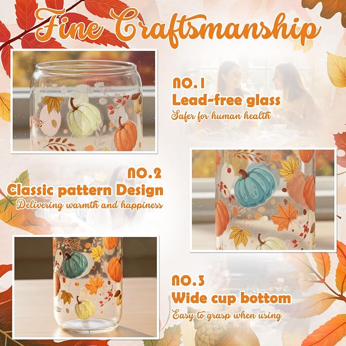 Sliner 2 Pcs Thanksgiving Glass Cups Pumpkin Maple Leaves Drinking Tumbler Fall Gifts 16 oz Iced Coffee Cup with Lid Straw Cleaning Brush for Autumn Home Office Holiday Decorations
