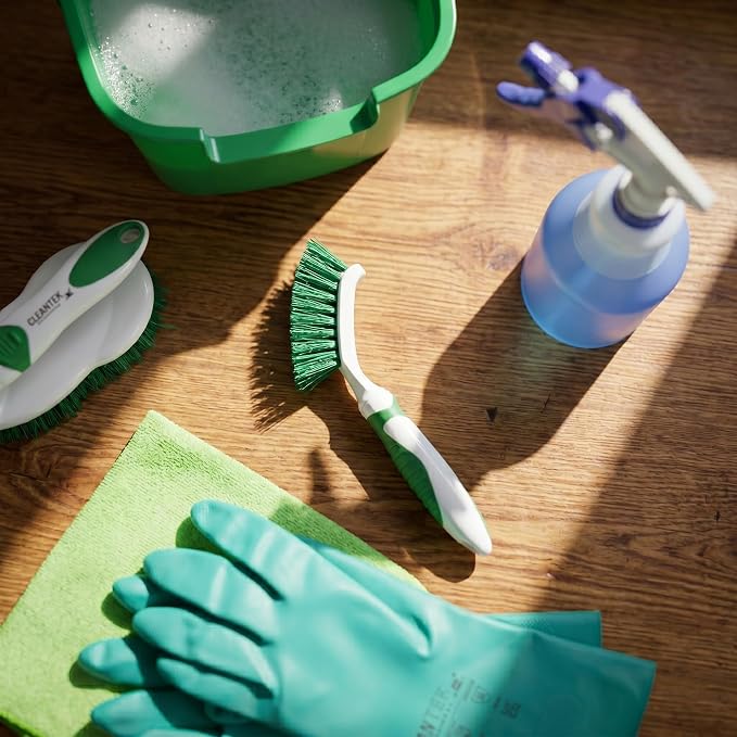 Restaurantware Grout Brush 10 Pack of 9 Tile Scrubbing Brush Stiff Bristle Ergonomic Handle Angled Head Narrow Design Green and White Plastic Cleaning Tool