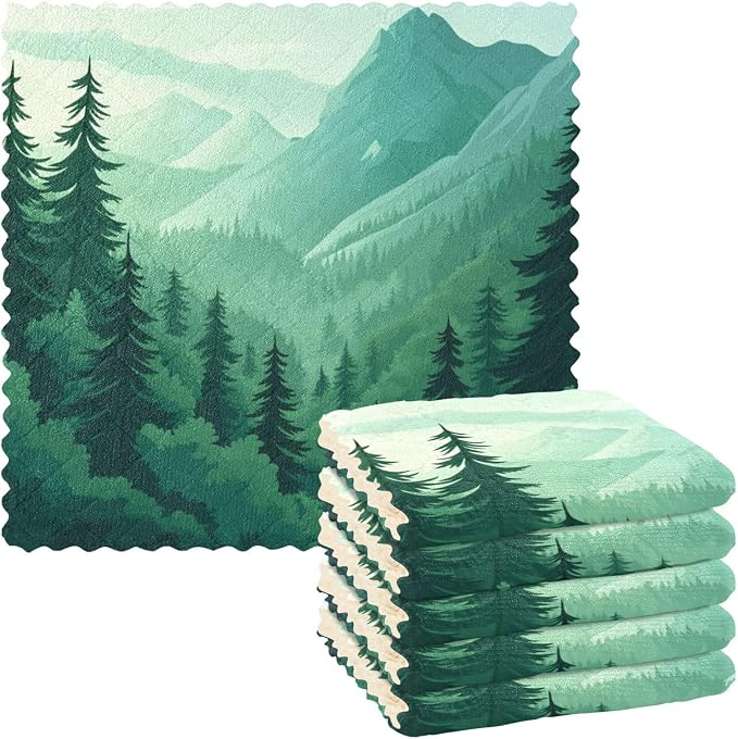 Mountain Forest Trees Green 02 Kitchen Towels Dish Cloths Set of 6 Microfiber Cleaning Cloths for Cars Super Absorbent Machine