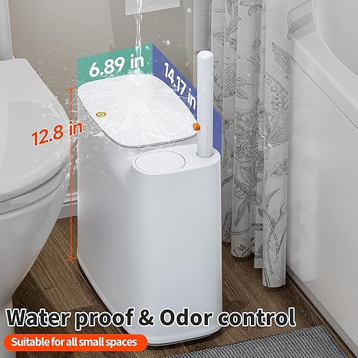 CTIME Bathroom Trash can Set, 2 Gallon White Small Trash Can with Lid, Disposable Toilet Brush, Storage Caddy and 12 Refills, Slim Garbage Can for Bathroom, RV