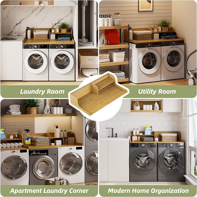 Washer Dryer Countertop with Shelf, 54" x 27.5" 2-Tier Bamboo Laundry Topper, Washer and Dryer Countertop for Laundry Room Organization with Edge Rails, Waterproof, Natural