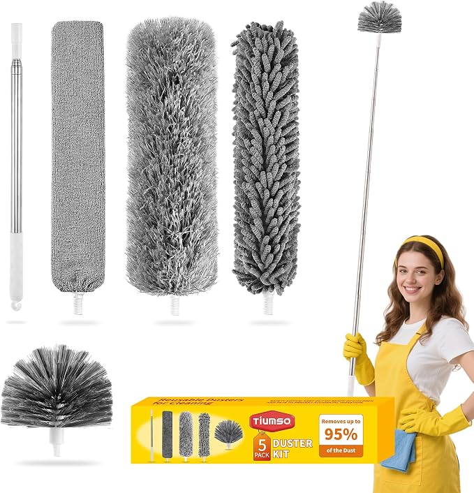Tiumso Heavy Duty Broom Indoor Outdoor Commercial Broom, 55" Long Handle Broom with CornerReach and Microfiber Duster 5-in-1 Kit with Extendable Pole for Home Office Kitchen and High Ceilings
