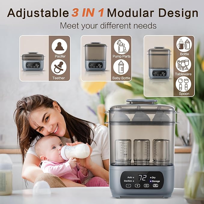 AMZBABYCHEF 4-in-1 Baby Bottle Steamer and Dryer, Electric Steamer with Fast Drying, Universal Fit for All Bottles, LED Touch Screen & Auto Shut-Off Protection (Grey)