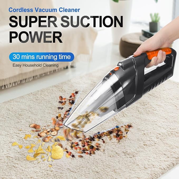 Handheld Vacuum Cordless,Powerful Suction 30Mins Long Runtime, Dust Busters Cordless Rechargeable with Two Washable Filters,Wet and Dry Hand Held Vacuum Cordless for Home, Car or Office