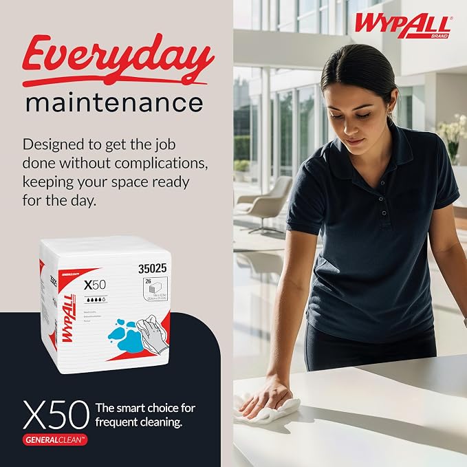 WypAll GeneralClean X50 Cloths Cleaning Wipes (35025), Quarterfold, Strong Towels for Extended Use, White (32 Packs of 26 Sheets, 832 Sheet Total)
