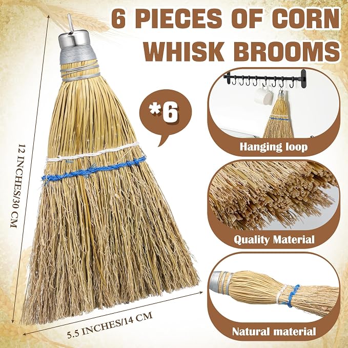 Suclain 6 Pcs 12 Inch Whisk Broom Hand Held Mini Corn Straw Whisk Broom Short Handle with Metal Hanger Halloween for Multi Surface Sweeping Small Hand Brush for Outdoor Car Porch Debris Dust Dirt