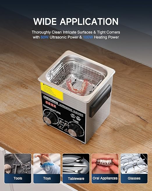 CREWORKS 2L Ultrasonic Cleaner with Degas & Gentle Modes, 60W Stainless Steel Ultrasonic Cleaner Machine with Heater and Timer, Ultrasonic Parts Cleaner with Knob Control for Jewelry Glasses Watch
