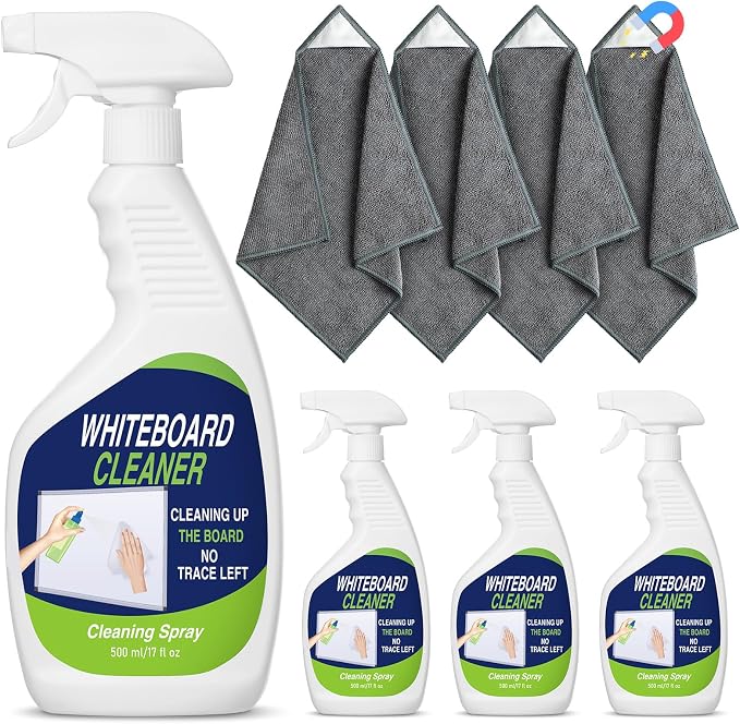 Fuyoooo 8 Pcs Whiteboard Cleaner Set 4 17 fl oz Dry Erase Board Liquid Cleaner with 4 Cloths White Board Cleaning Spray for Classroom Chalkboard Home Office (Grey)