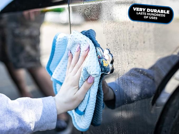 The Rag Company Dry Me A River, Professional Korean 70/30 Blend Microfiber Waffle-Weave Drying & Detailing Towels, Soft Suede Edges, 390 GSM, 16x16 Inches, Light Blue, 5-Pack