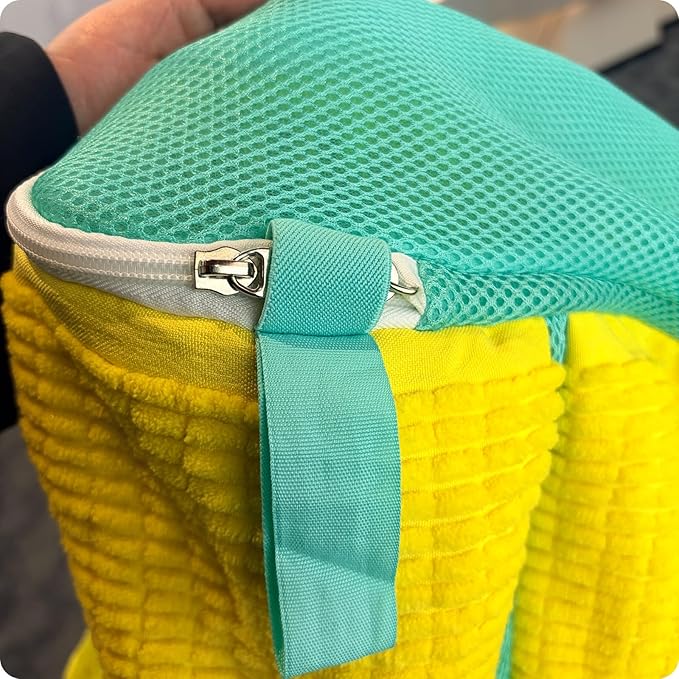 Upgraded Dual Compartment Shoe Washing Machine Bag, 420g Heavy-Duty Sneaker Laundry Bags with Clasp-Lock Zipper, Thick Chenille & Reinforced Seams for Maximum Protection, Yellow/Blue, 2-Pack
